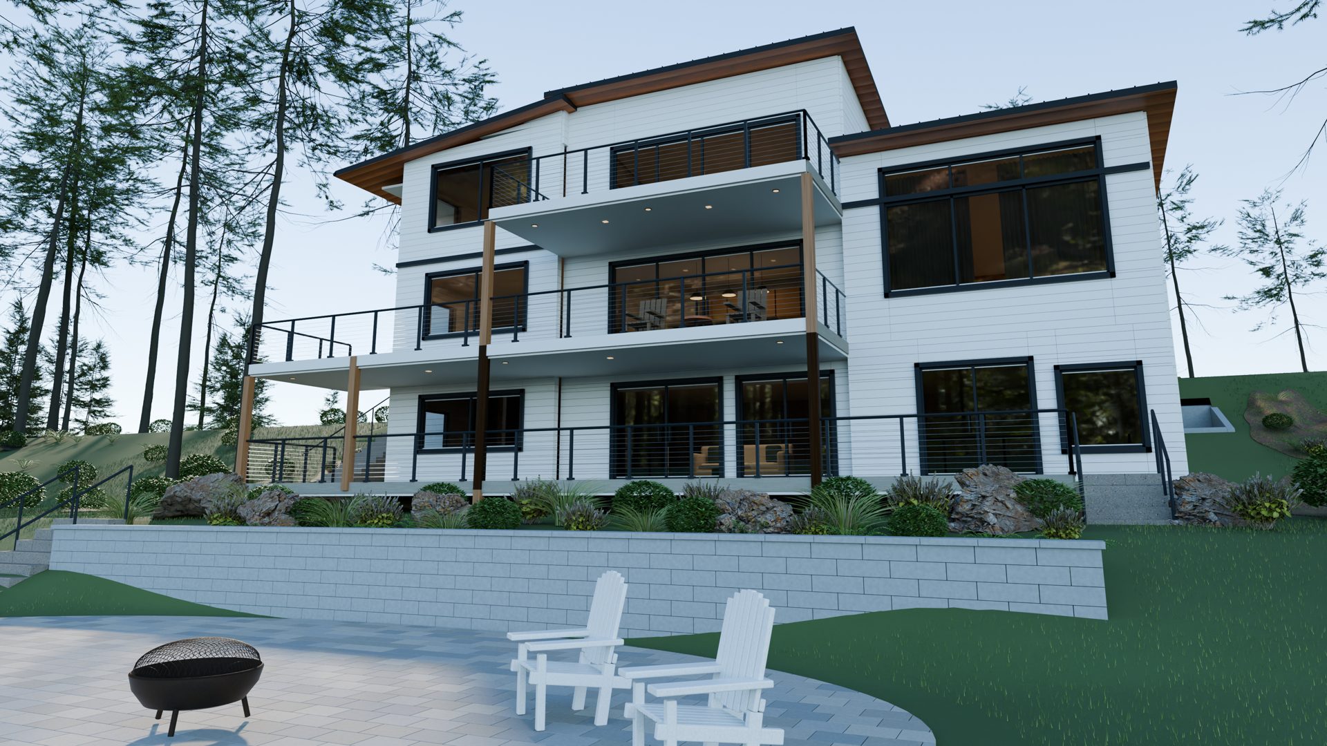 Waterfront elevation with three levels of decks