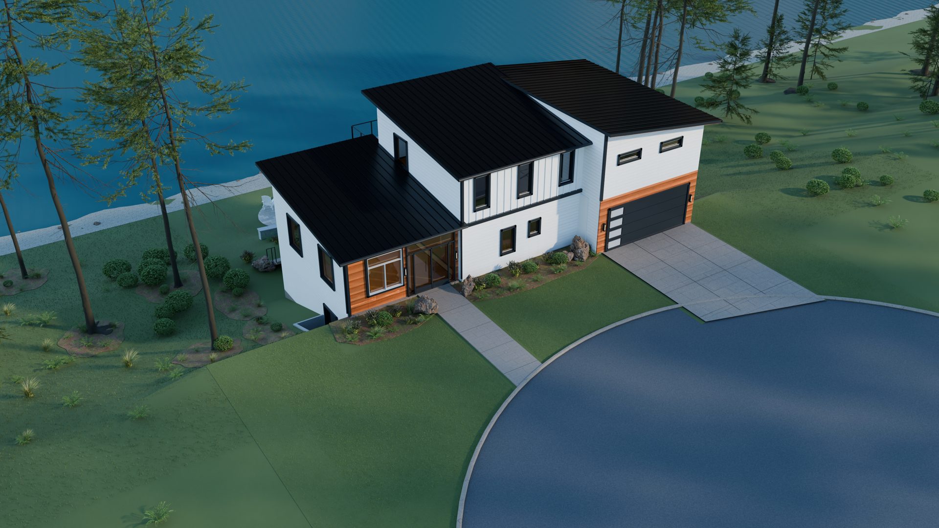 Elevated view of the home and waterfront setting