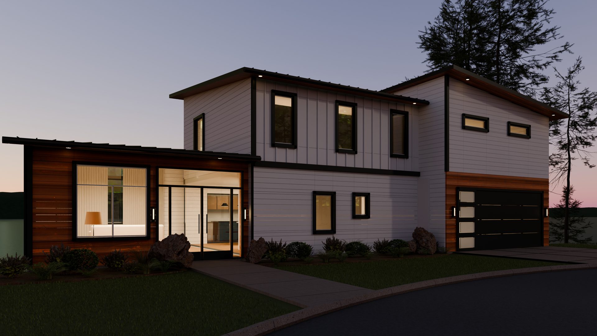 Front exterior at twilight