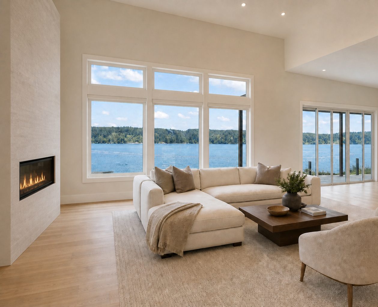 AI Rendering · Great Room, Linear Fireplace and a Wall of Glass